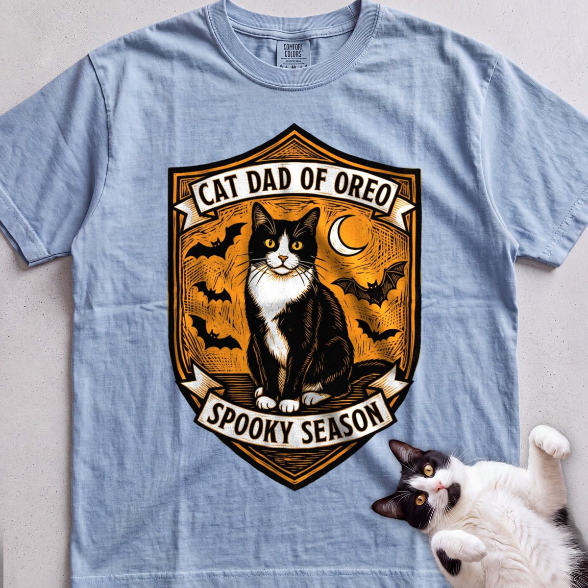 Personalized Spooky Cat Dad T-Shirt - Chambray