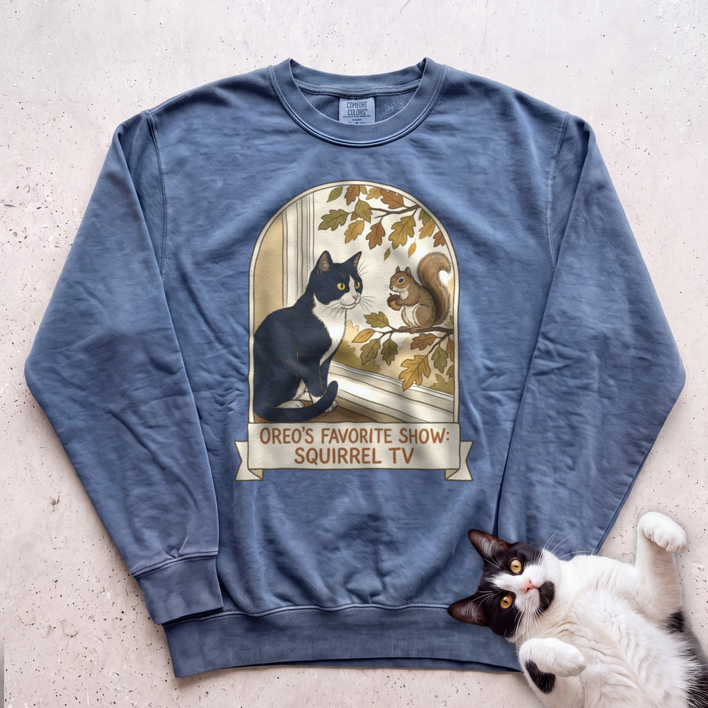 Personalized Squirrel TV Cat Sweatshirt - Blue Jean