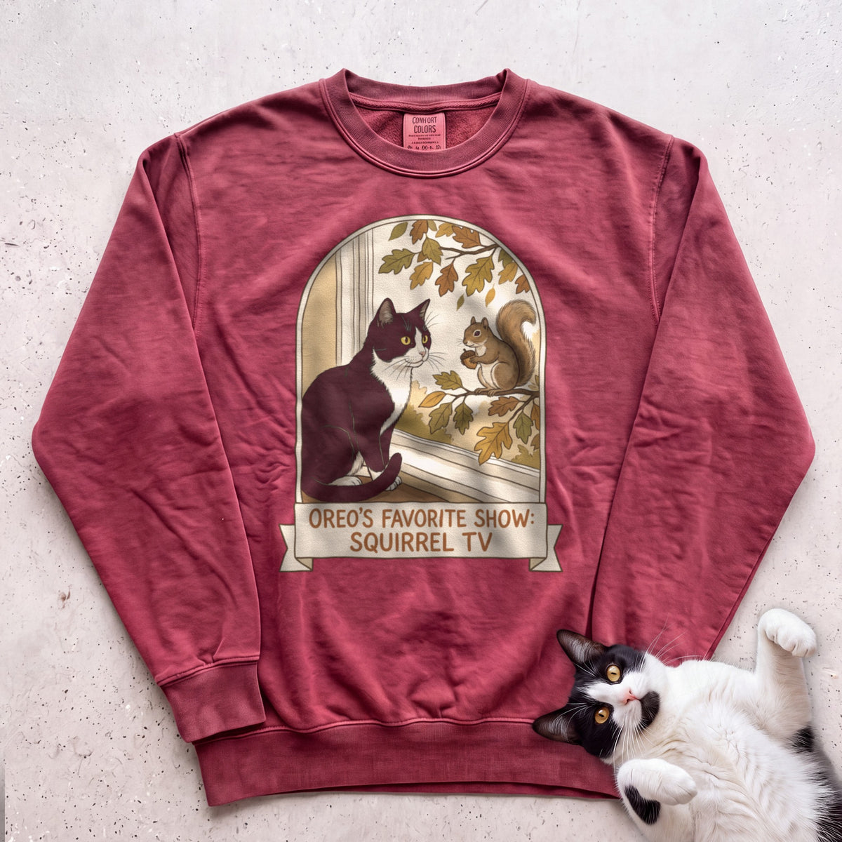 Personalized Squirrel TV Cat Sweatshirt - Crimson