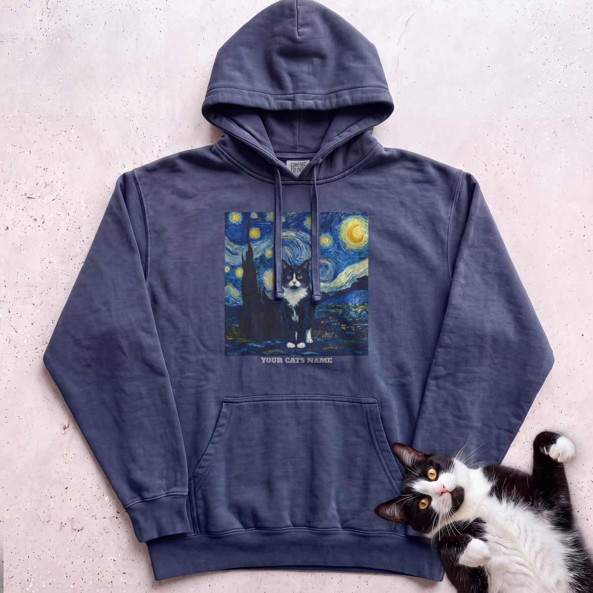 Personalized Starry Night Cat Hoodie - True Navy