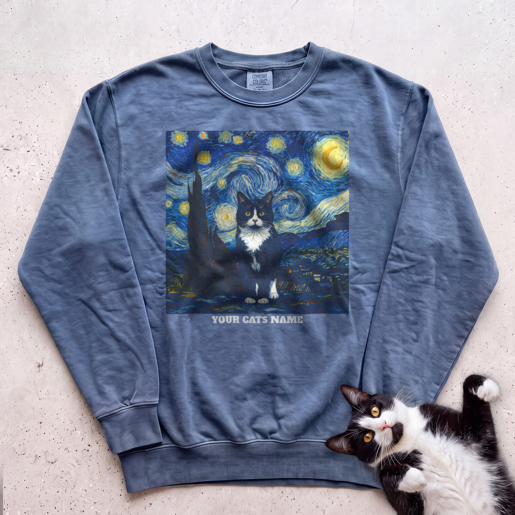 Personalized Starry Night Cat Sweatshirt - Blue Jean