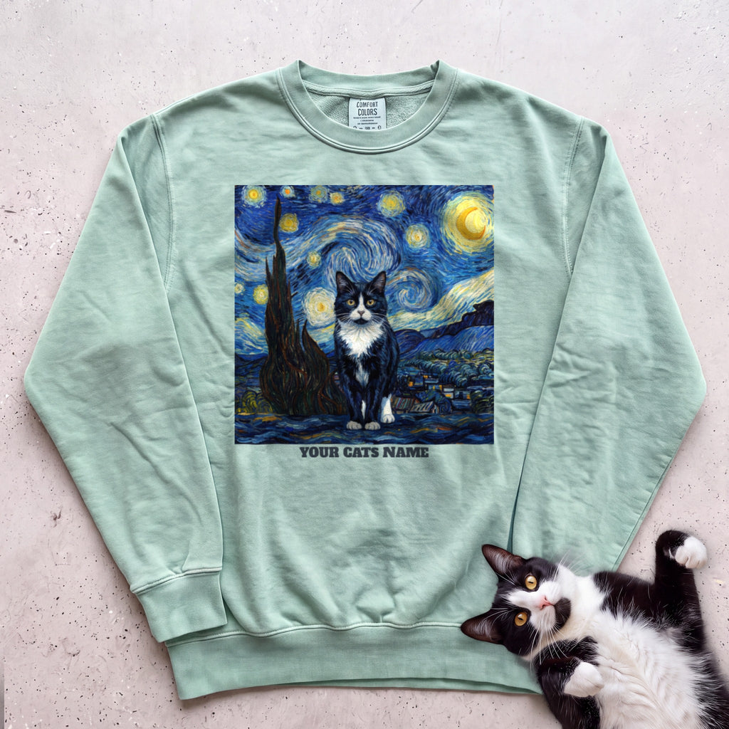 Personalized Starry Night Cat Sweatshirt - Light Green
