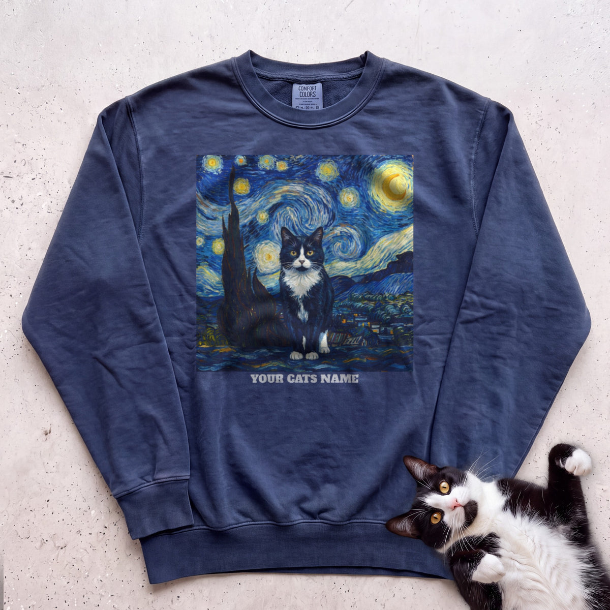 Personalized Starry Night Cat Sweatshirt - True Navy