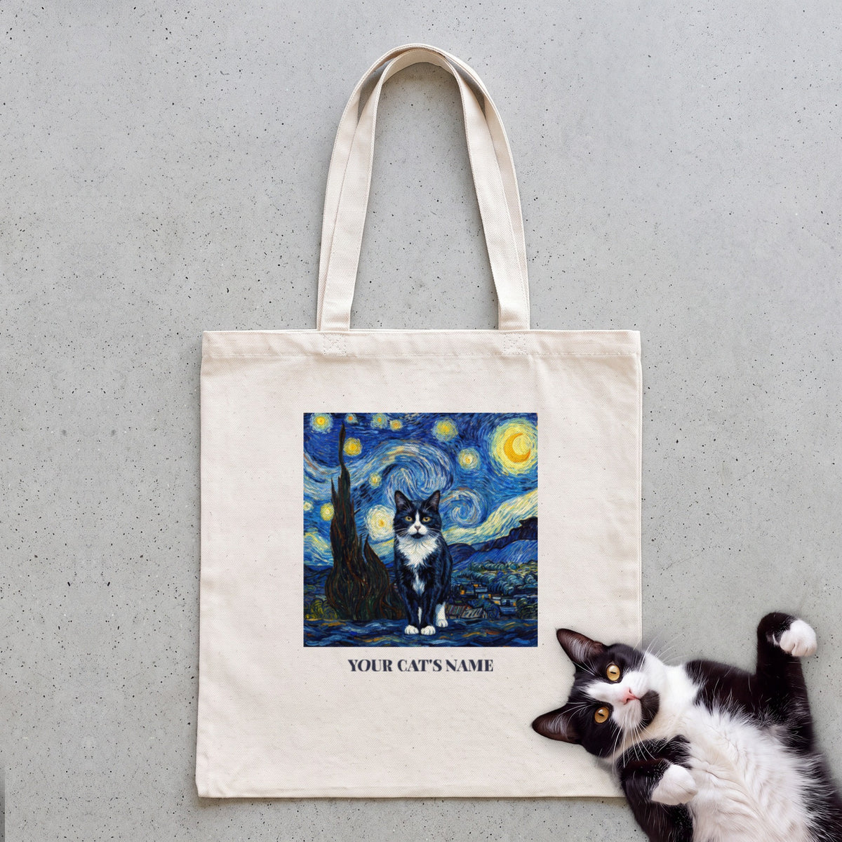 Personalized Starry Night Cat Tote Bag - Natural