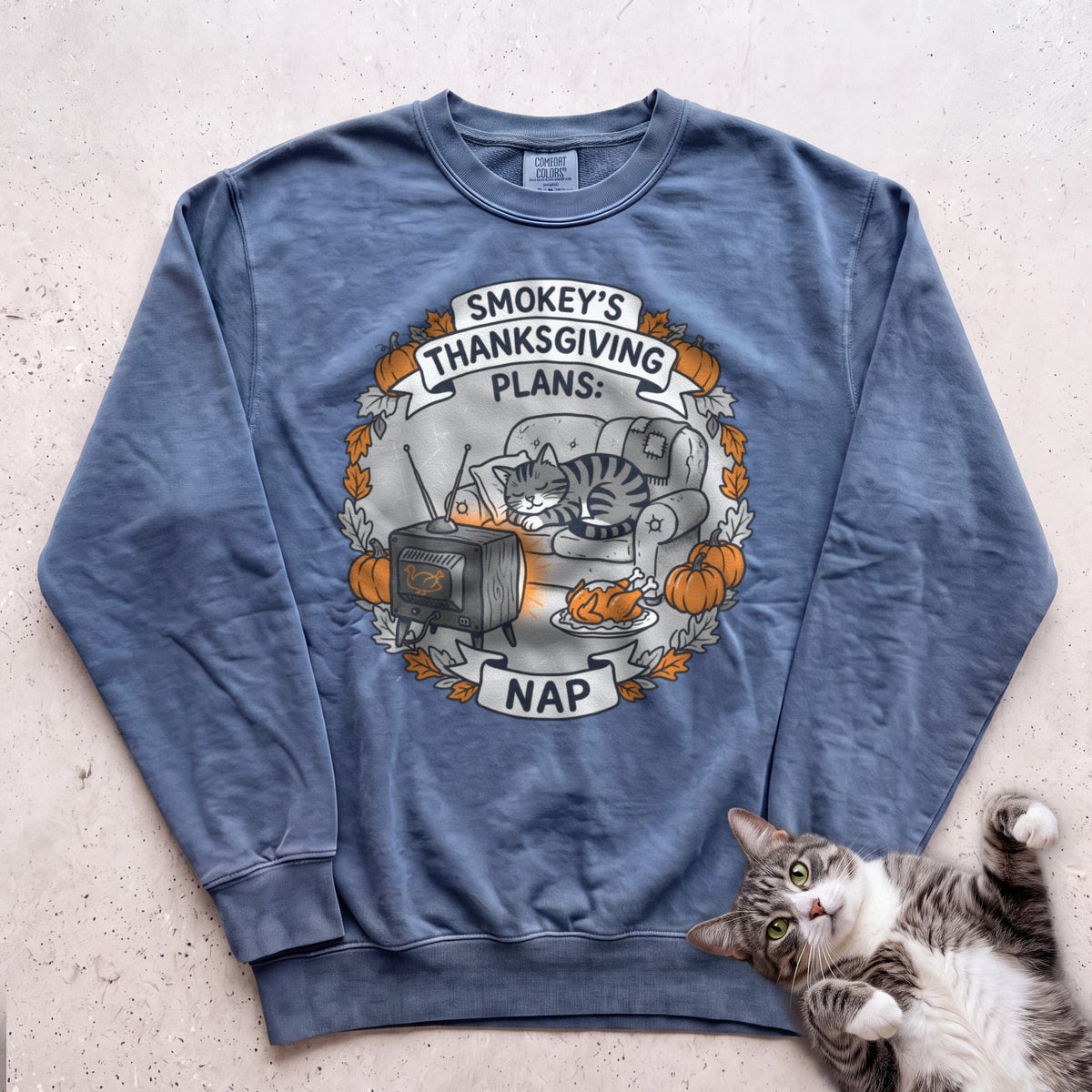 Personalized Thanksgiving Plans: Nap Cat Sweatshirt - Blue Jean