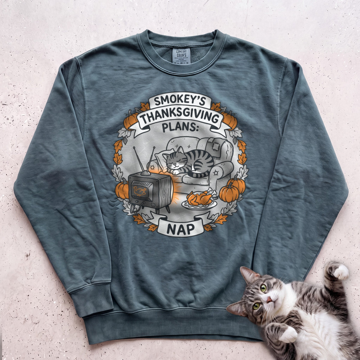 Personalized Thanksgiving Plans: Nap Cat Sweatshirt - Blue Spruce
