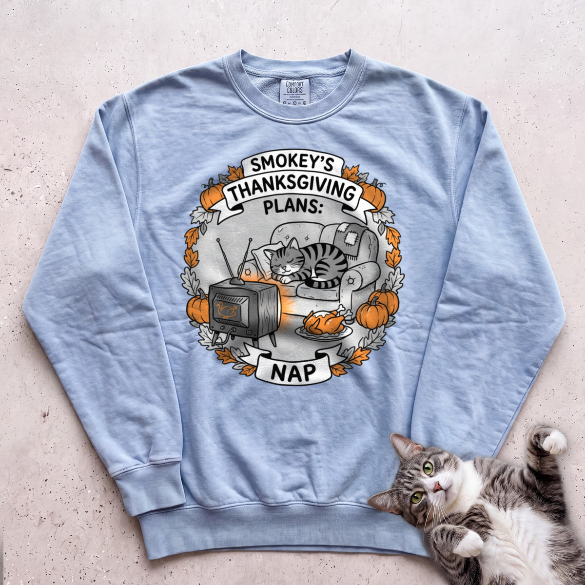 Personalized Thanksgiving Plans: Nap Cat Sweatshirt - Chambray