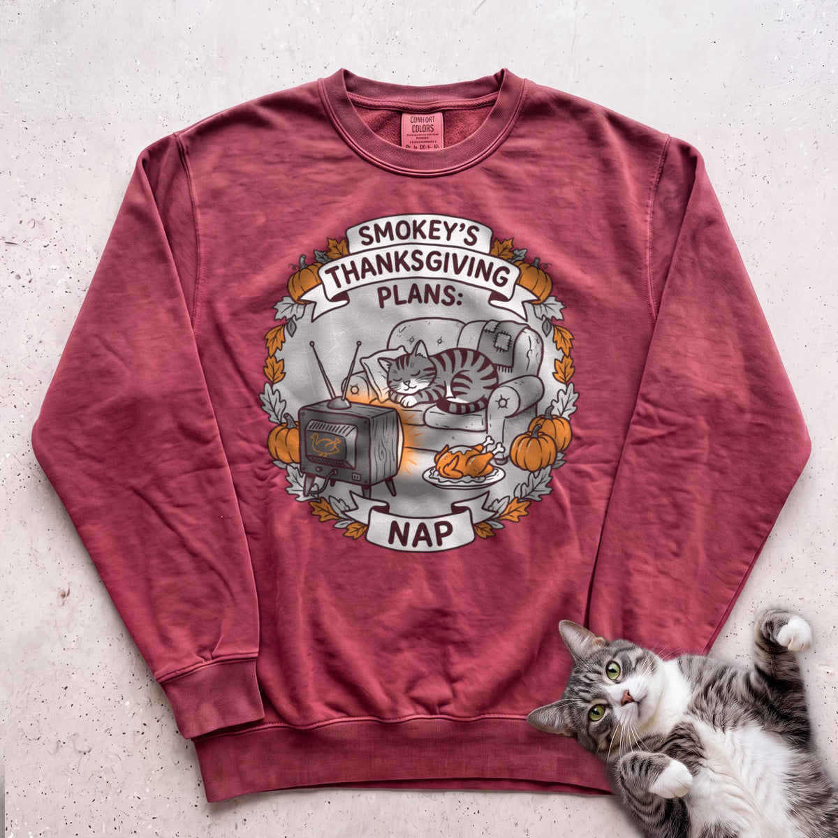 Personalized Thanksgiving Plans: Nap Cat Sweatshirt - Crimson