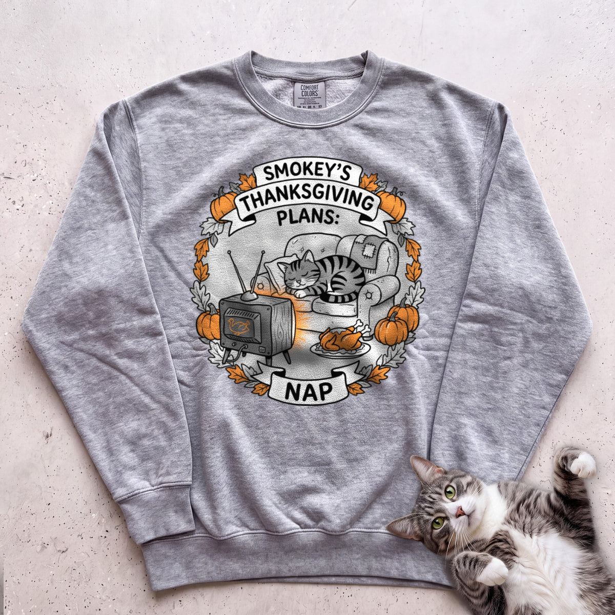 Personalized Thanksgiving Plans: Nap Cat Sweatshirt - Grey