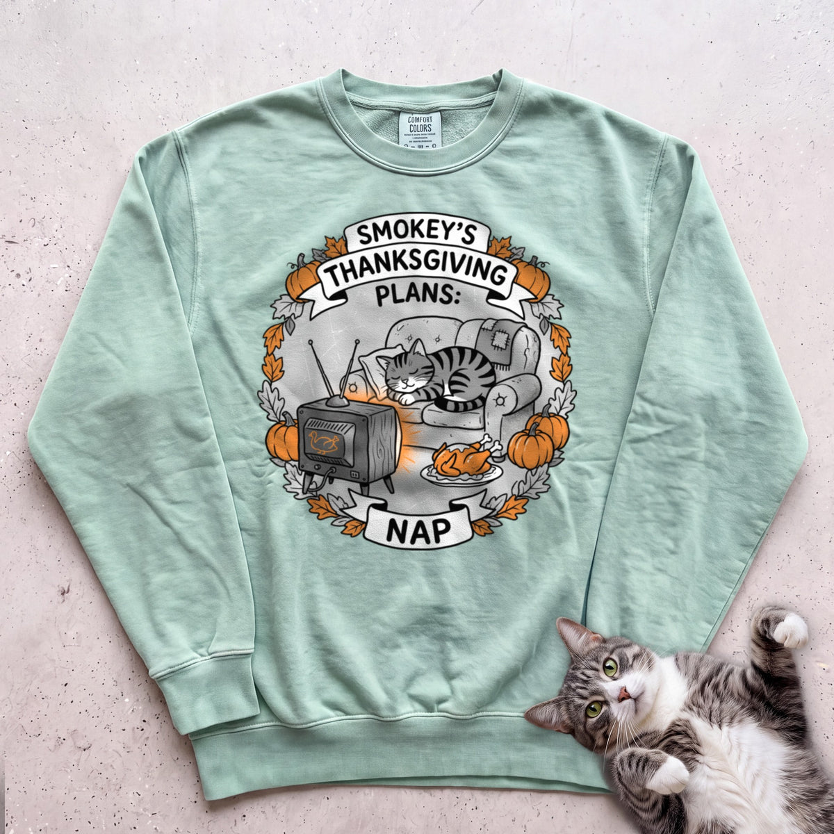 Personalized Thanksgiving Plans: Nap Cat Sweatshirt - Light Green