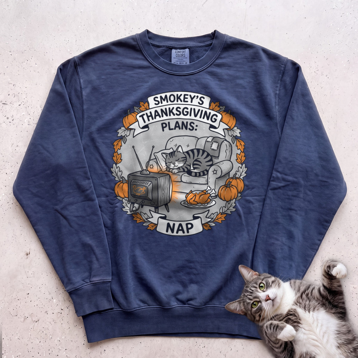 Personalized Thanksgiving Plans: Nap Cat Sweatshirt - True Navy