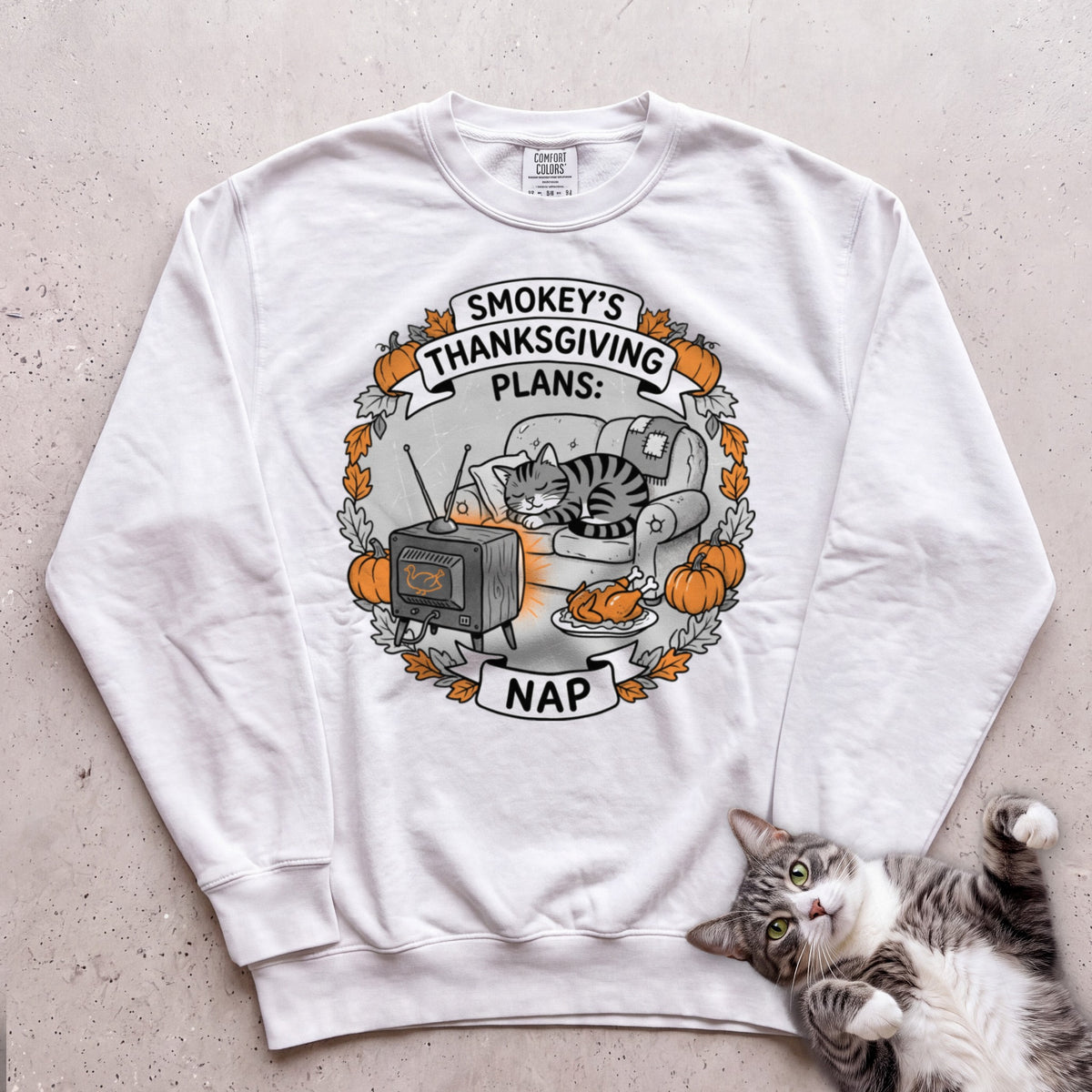 Personalized Thanksgiving Plans: Nap Cat Sweatshirt - White