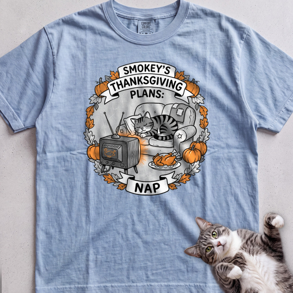 Personalized Thanksgiving Plans: Nap Cat T-Shirt - Chambray