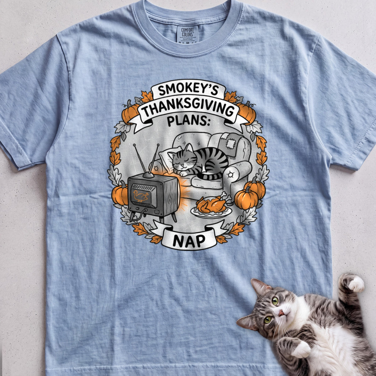 Personalized Thanksgiving Plans: Nap Cat T-Shirt - Chambray