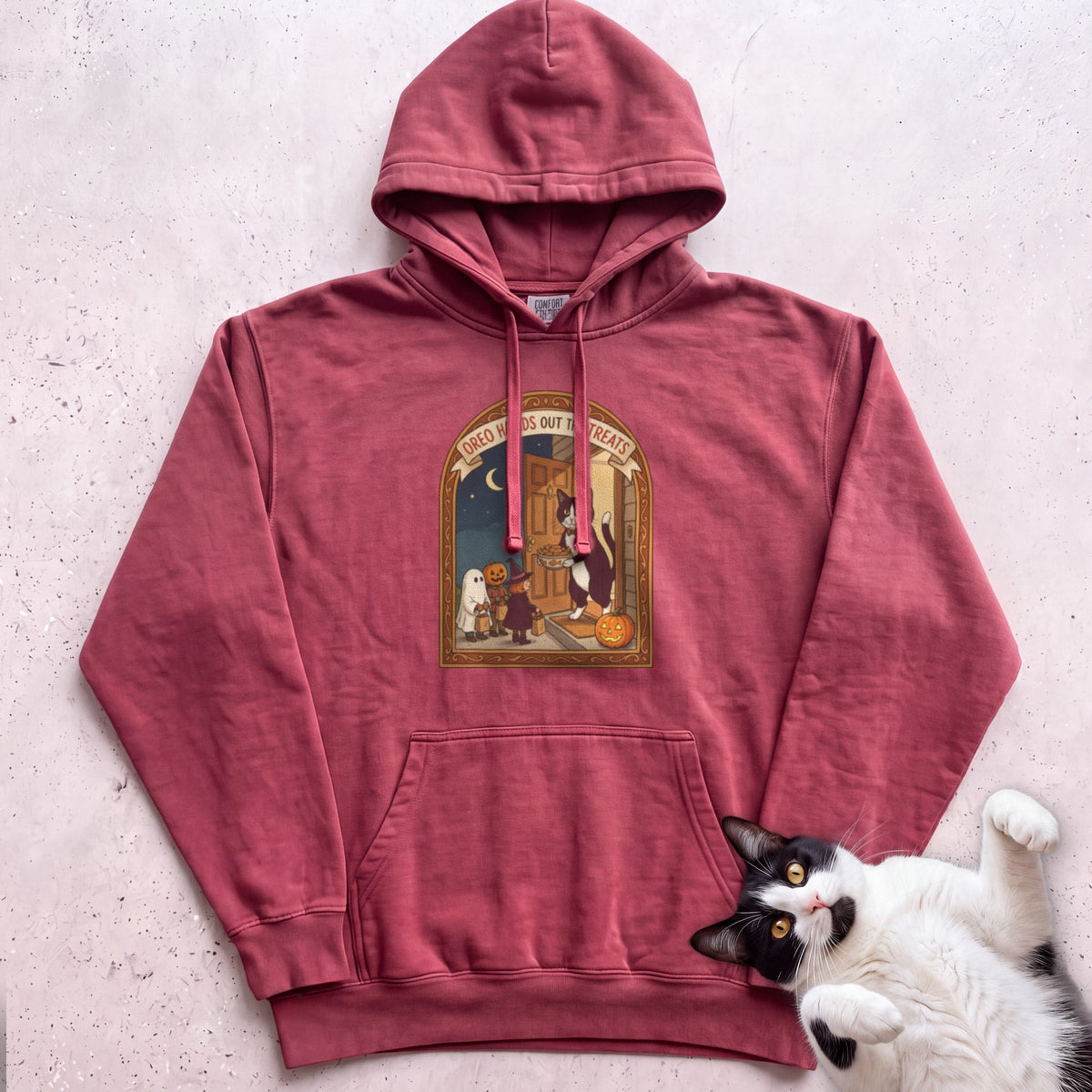 Personalized Trick or Treat Door Cat Hoodie - Crimson