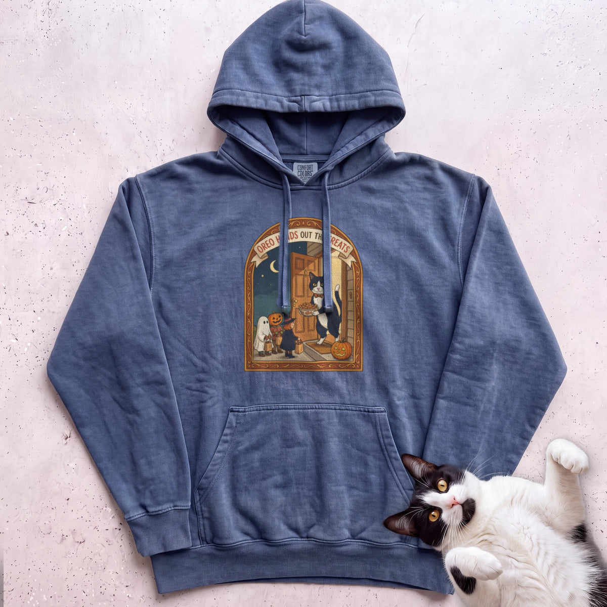 Personalized Trick or Treat Door Cat Hoodie - Denim