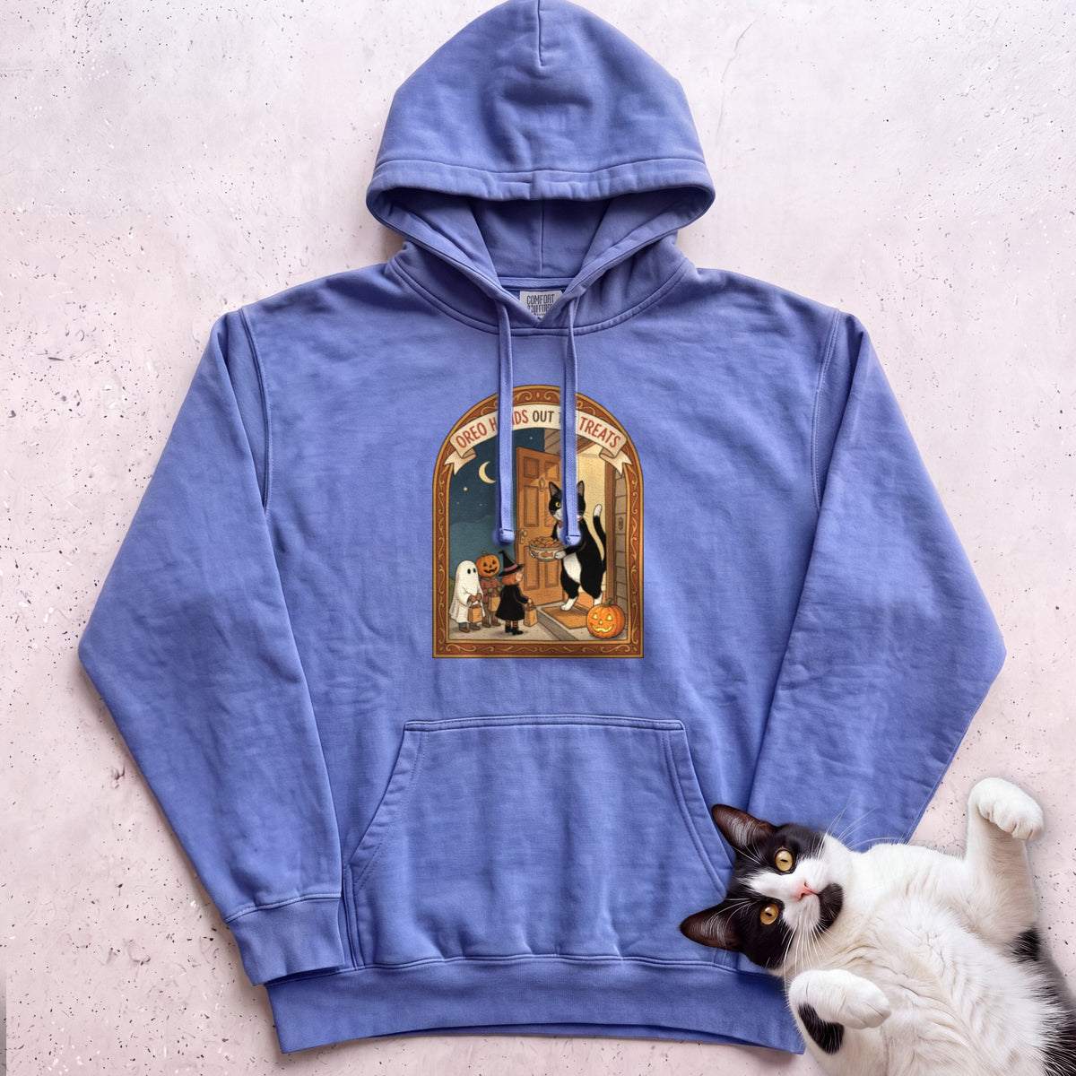 Personalized Trick or Treat Door Cat Hoodie - Flo Blue