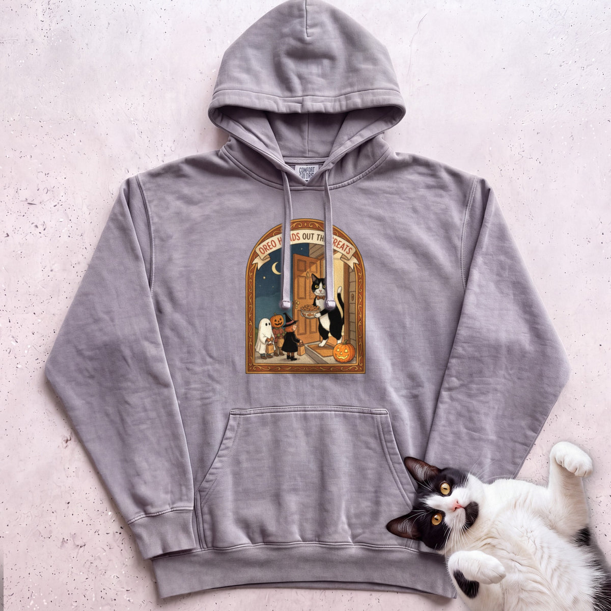 Personalized Trick or Treat Door Cat Hoodie - Grey