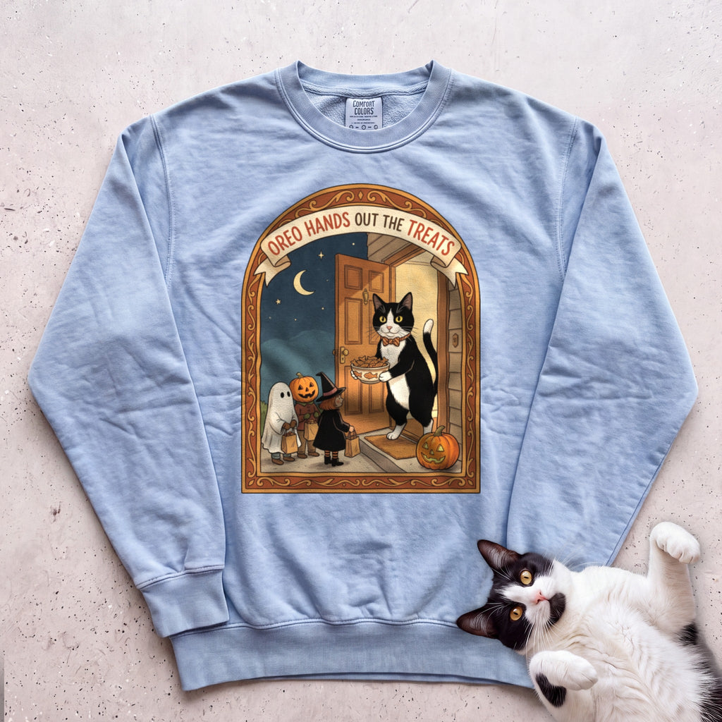 Personalized Trick or Treat Door Cat Sweatshirt - Chambray