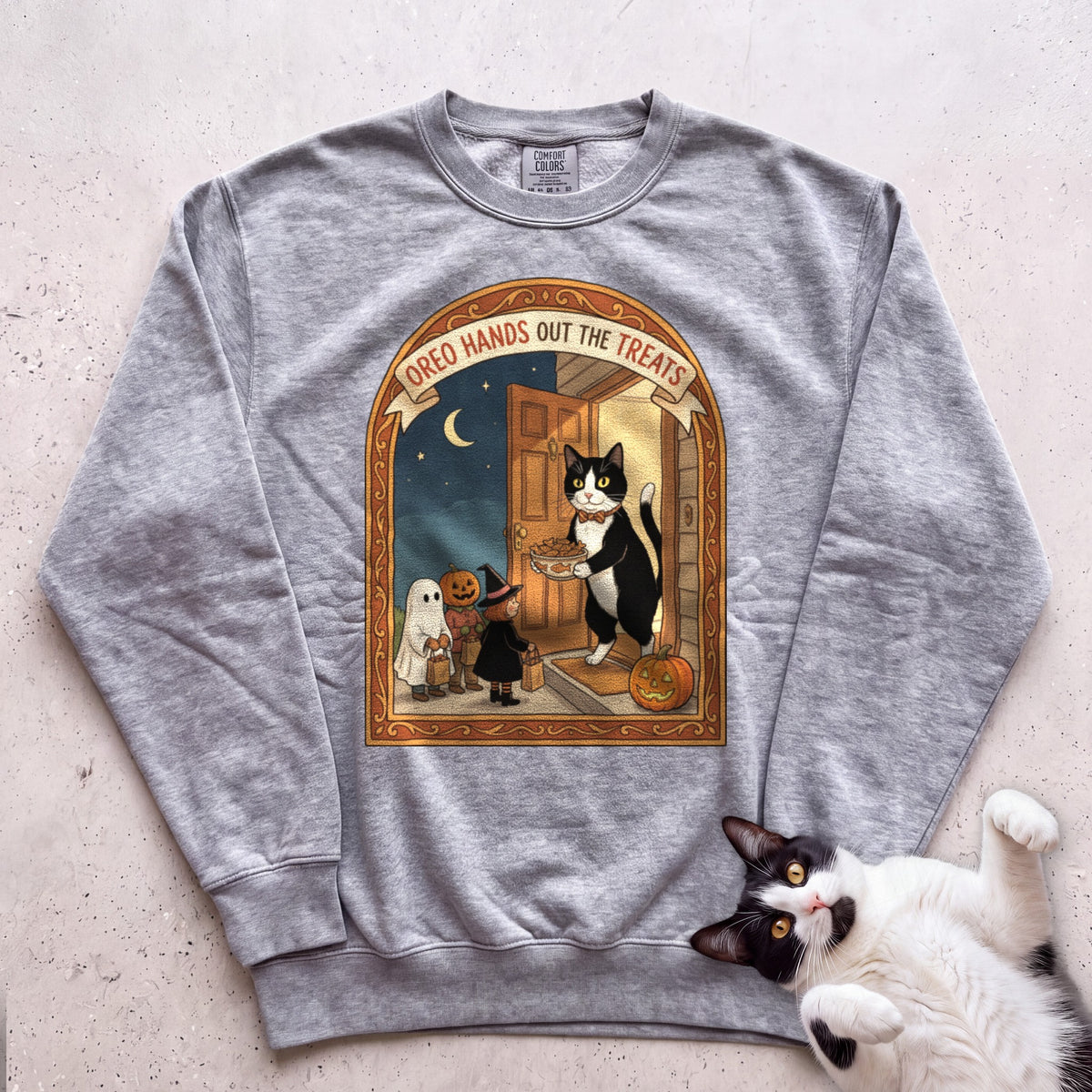 Personalized Trick or Treat Door Cat Sweatshirt - Grey