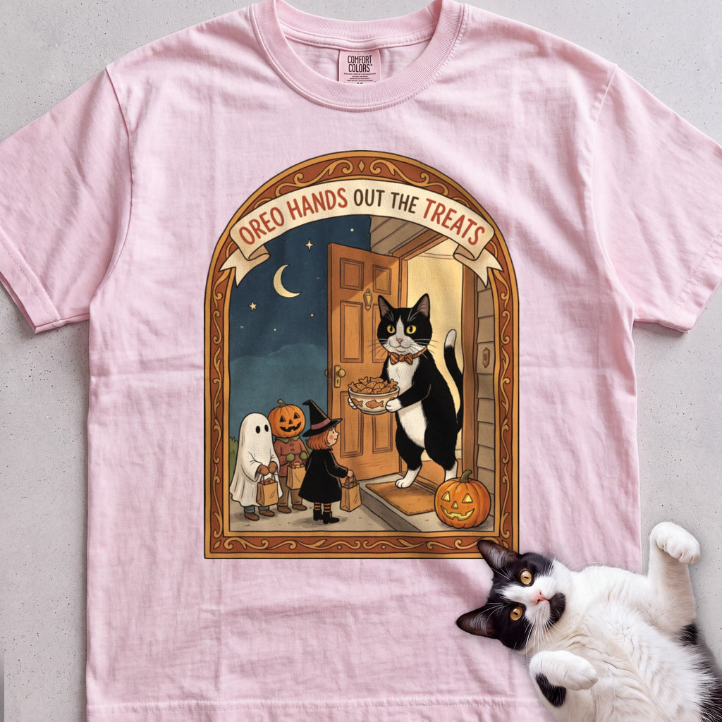 Personalized Trick or Treat Door Cat T-Shirt - Blossom