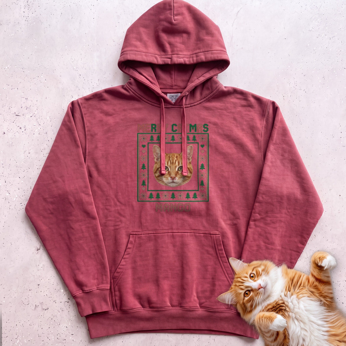 Personalized Ugly Sweater Portrait Cat Hoodie - Crimson