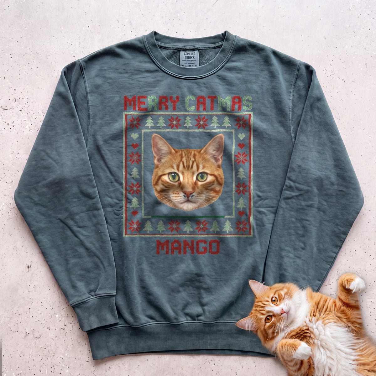 Personalized Ugly Sweater Portrait Cat Sweatshirt - Blue Spruce