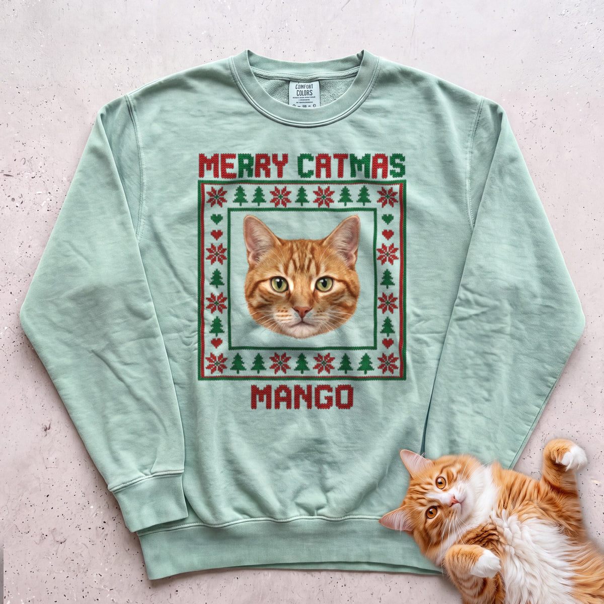 Personalized Ugly Sweater Portrait Cat Sweatshirt - Light Green