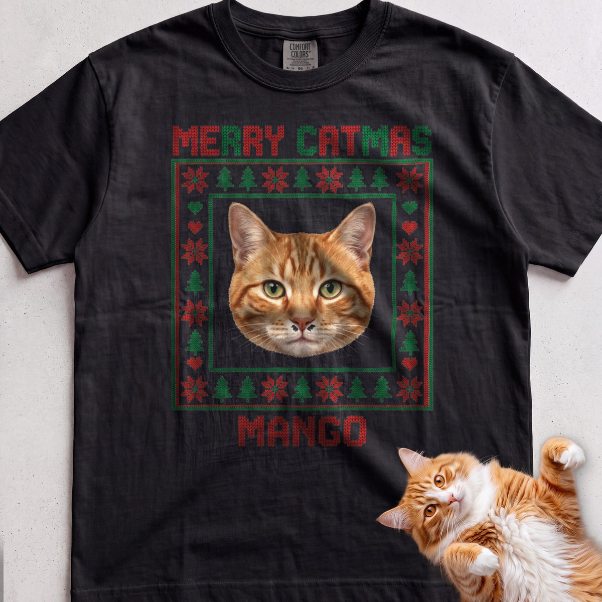 Personalized Ugly Sweater Portrait Cat T-Shirt - Black
