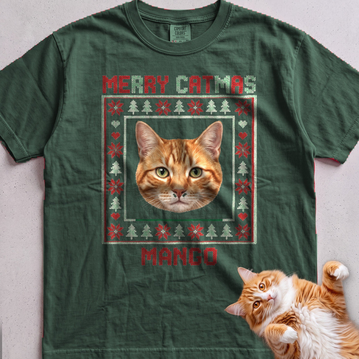 Personalized Ugly Sweater Portrait Cat T-Shirt - Blue Spruce