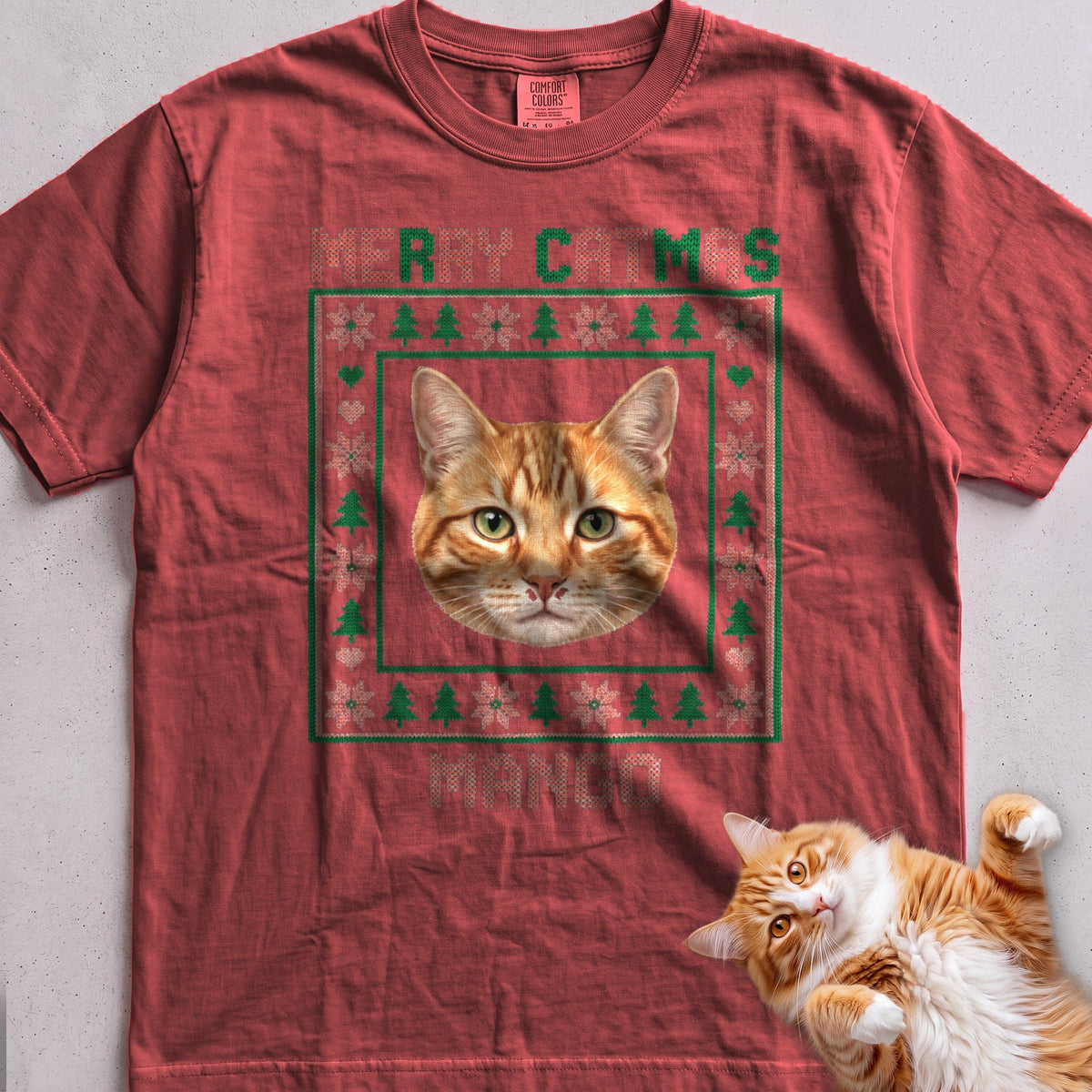 Personalized Ugly Sweater Portrait Cat T-Shirt - Crimson