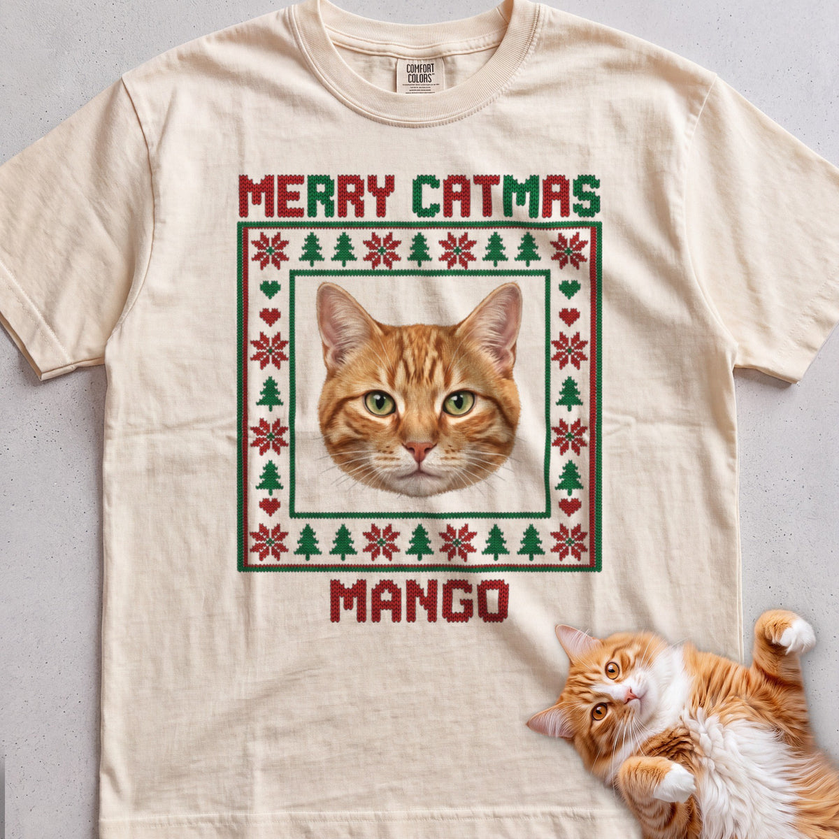 Personalized Ugly Sweater Portrait Cat T-Shirt - Ivory