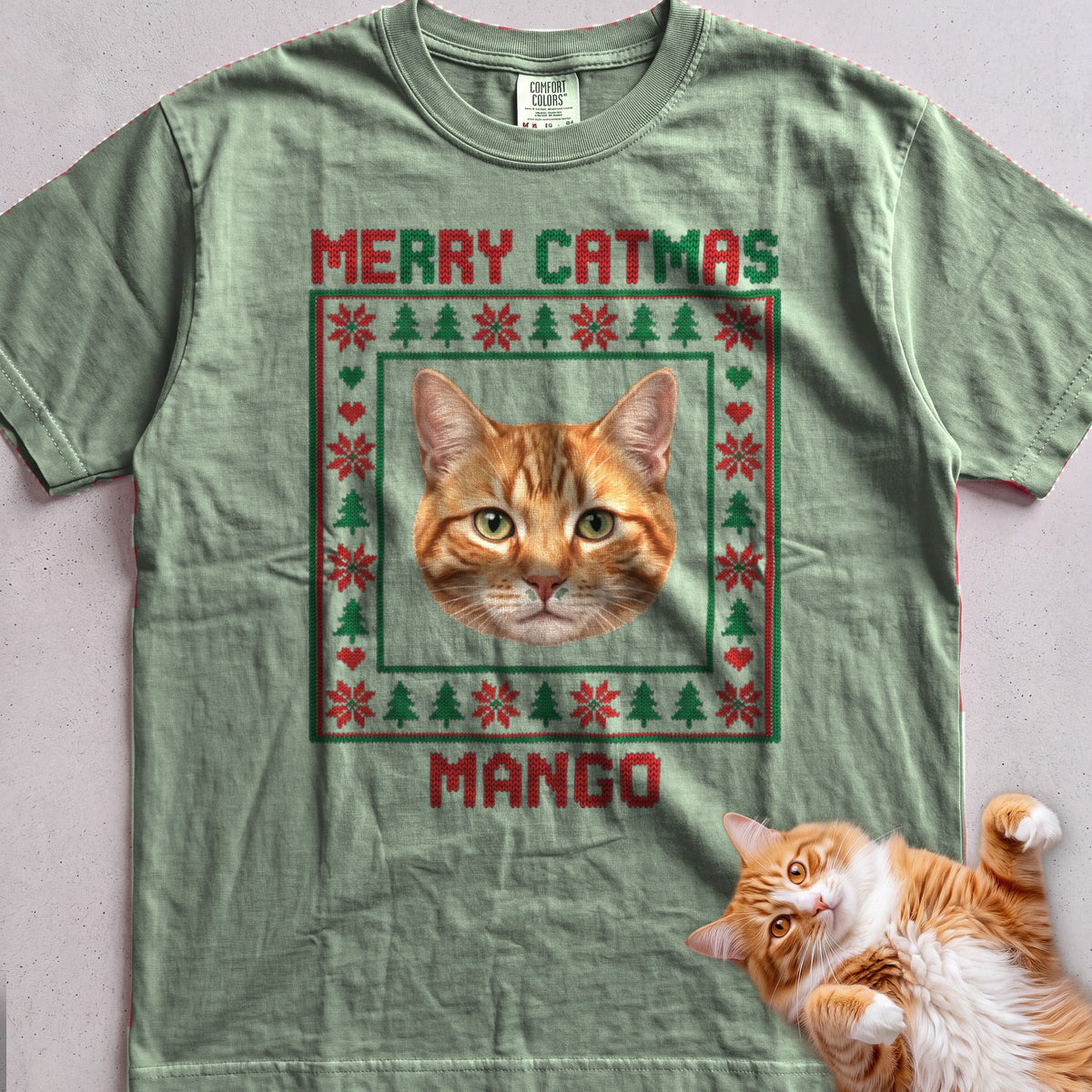 Personalized Ugly Sweater Portrait Cat T-Shirt - Light Green