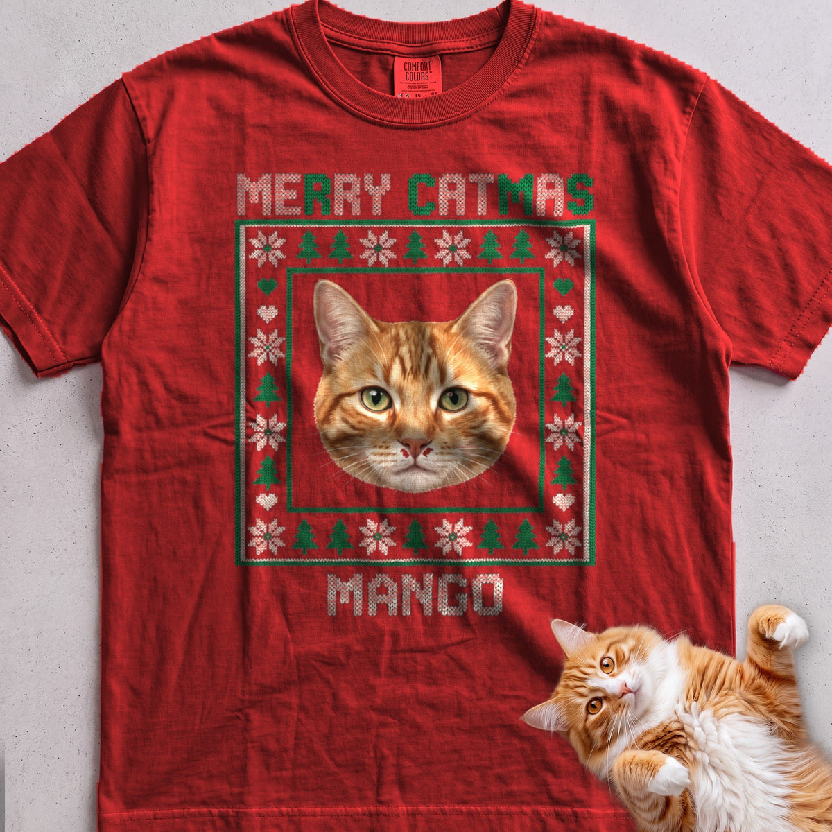 Personalized Ugly Sweater Portrait Cat T-Shirt - Red