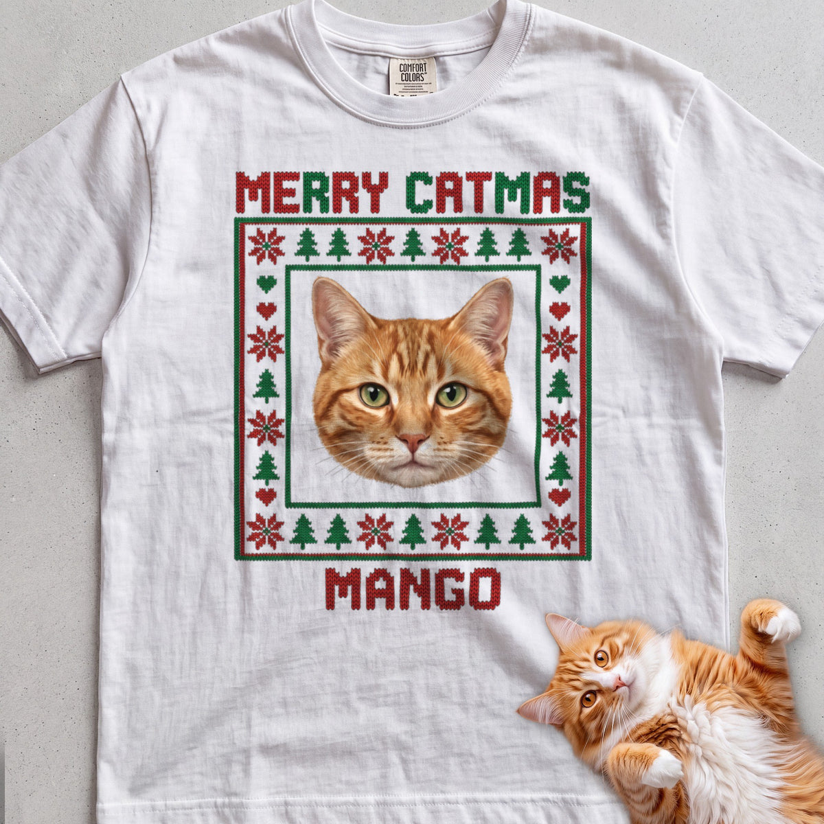 Personalized Ugly Sweater Portrait Cat T-Shirt - White