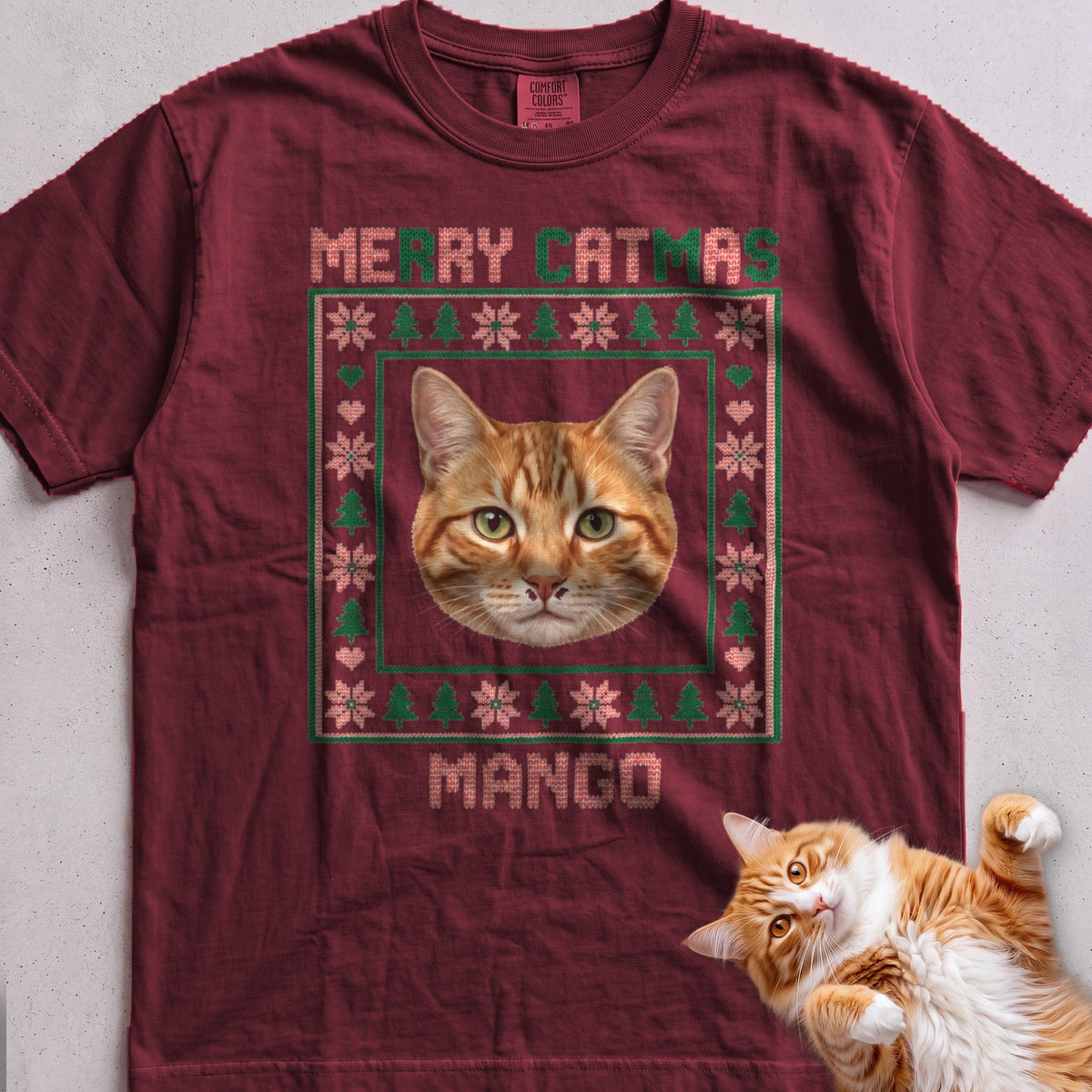 Personalized Ugly Sweater Portrait Cat T-Shirt - Wine