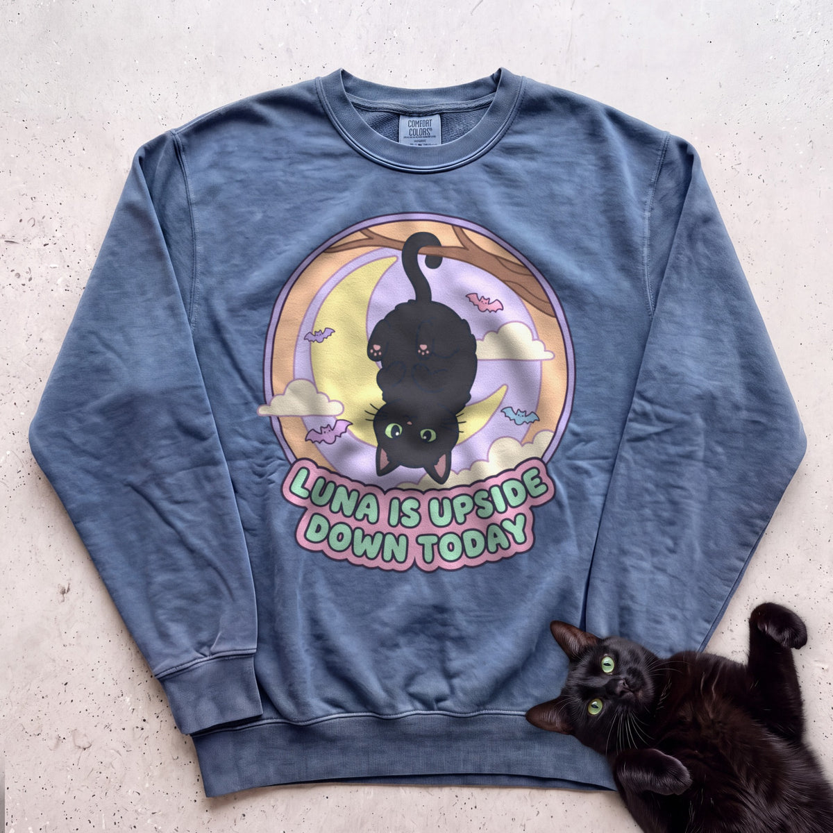 Personalized Upside Down Today Cat Sweatshirt - Blue Jean