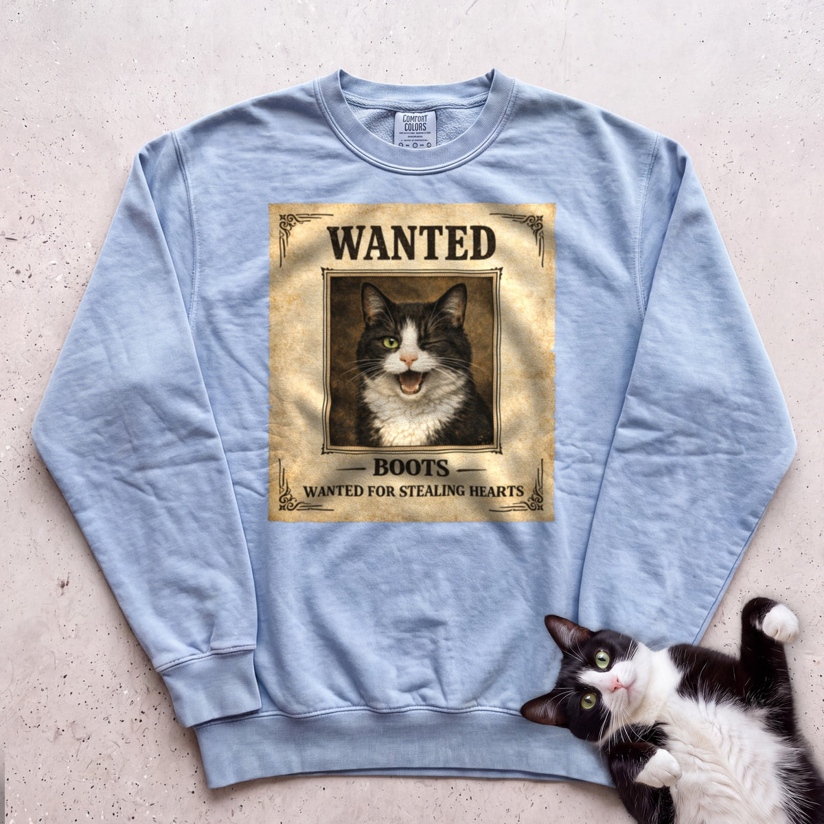 Personalized Wanted Cat Sweatshirt - Chambray