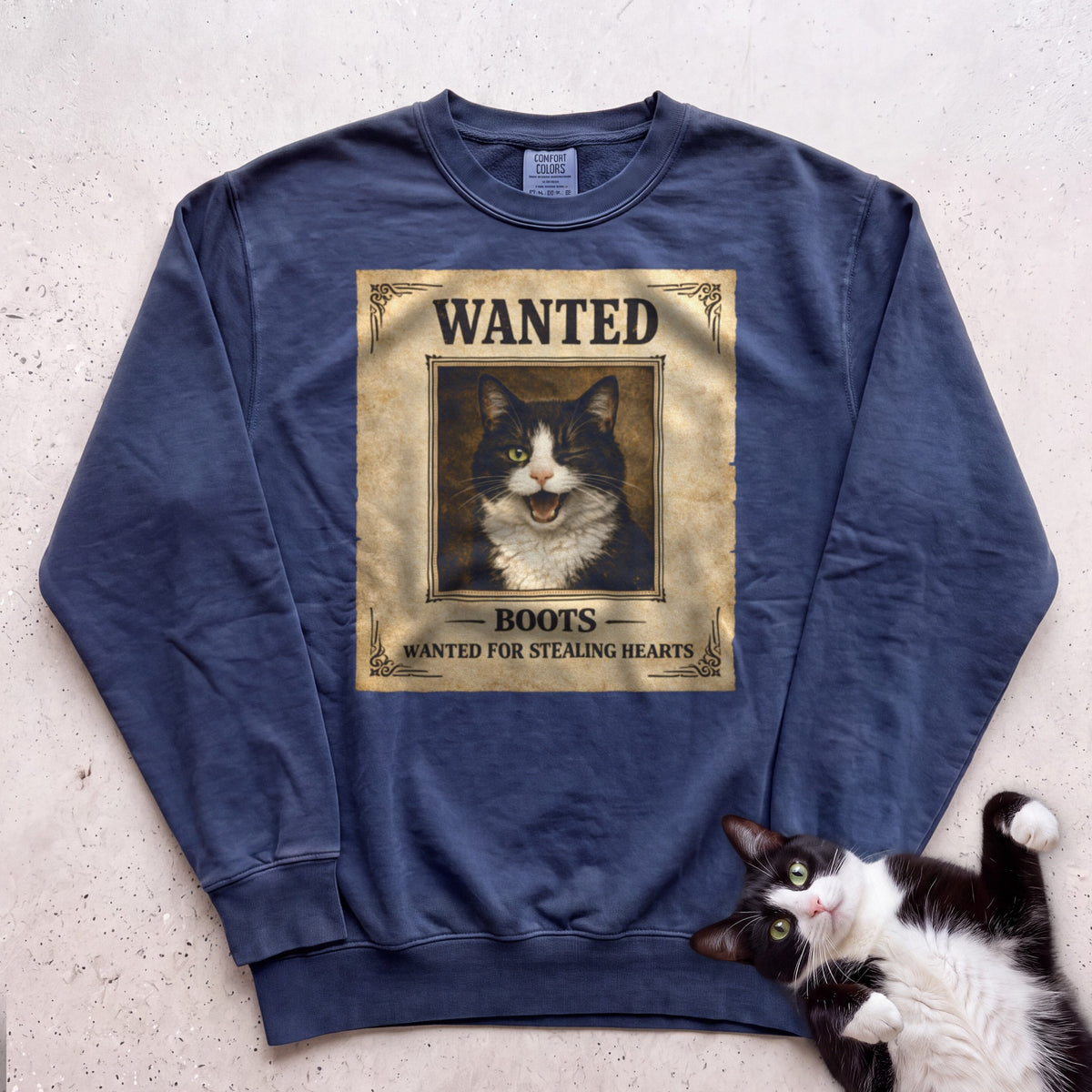Personalized Wanted Cat Sweatshirt - True Navy