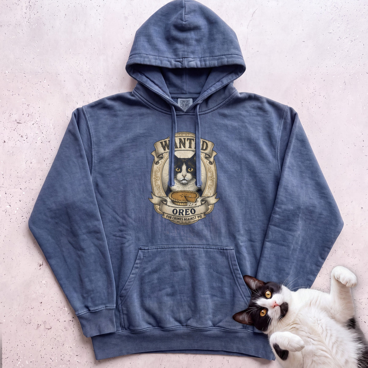 Personalized Wanted for Crimes Against Pie Cat Hoodie - Denim