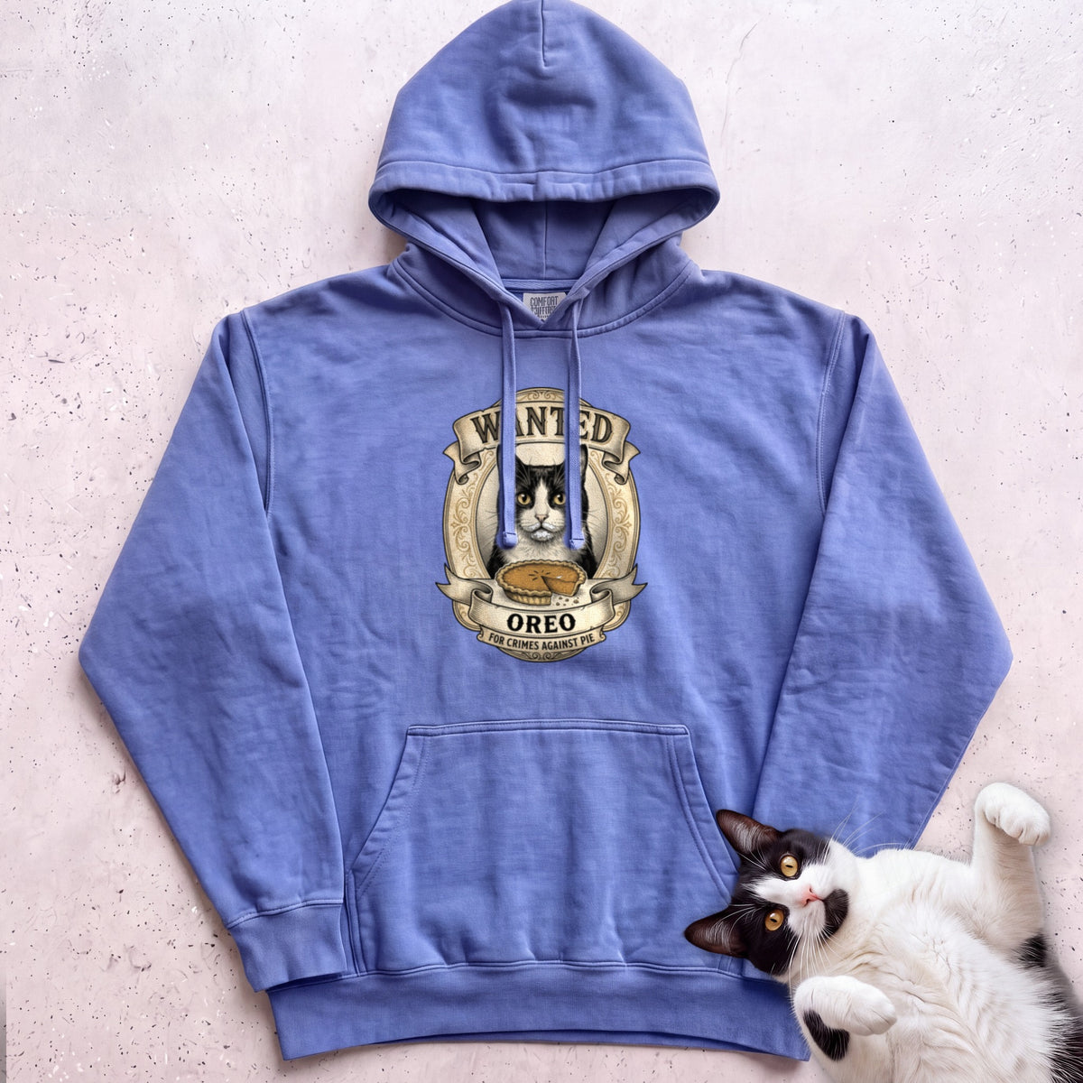 Personalized Wanted for Crimes Against Pie Cat Hoodie - Flo Blue