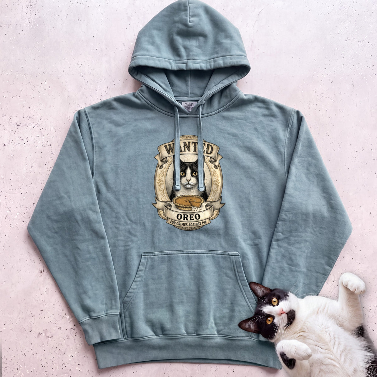 Personalized Wanted for Crimes Against Pie Cat Hoodie - Seafoam