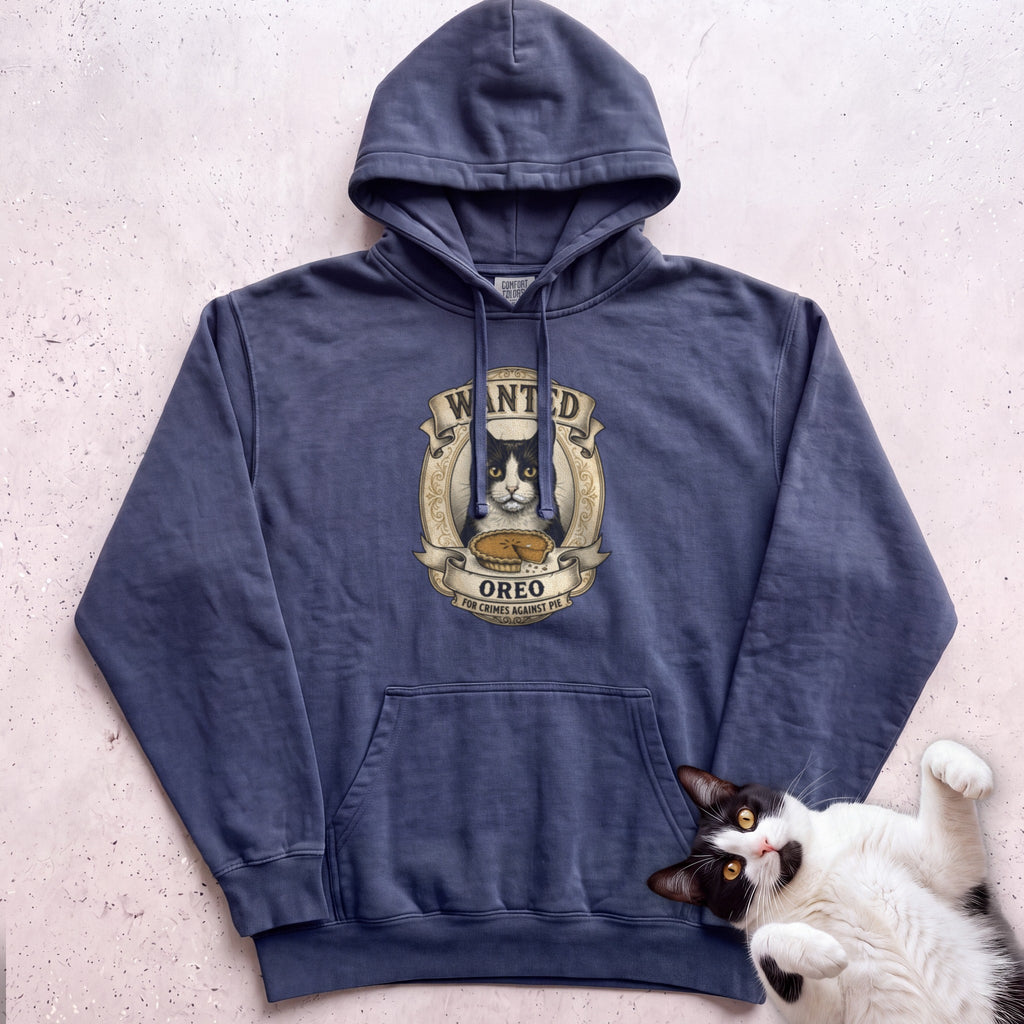 Personalized Wanted for Crimes Against Pie Cat Hoodie - True Navy