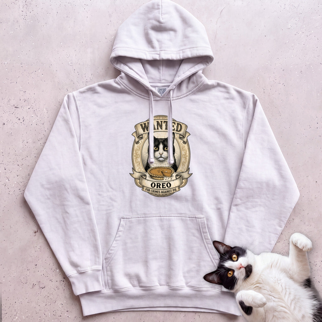 Personalized Wanted for Crimes Against Pie Cat Hoodie - White
