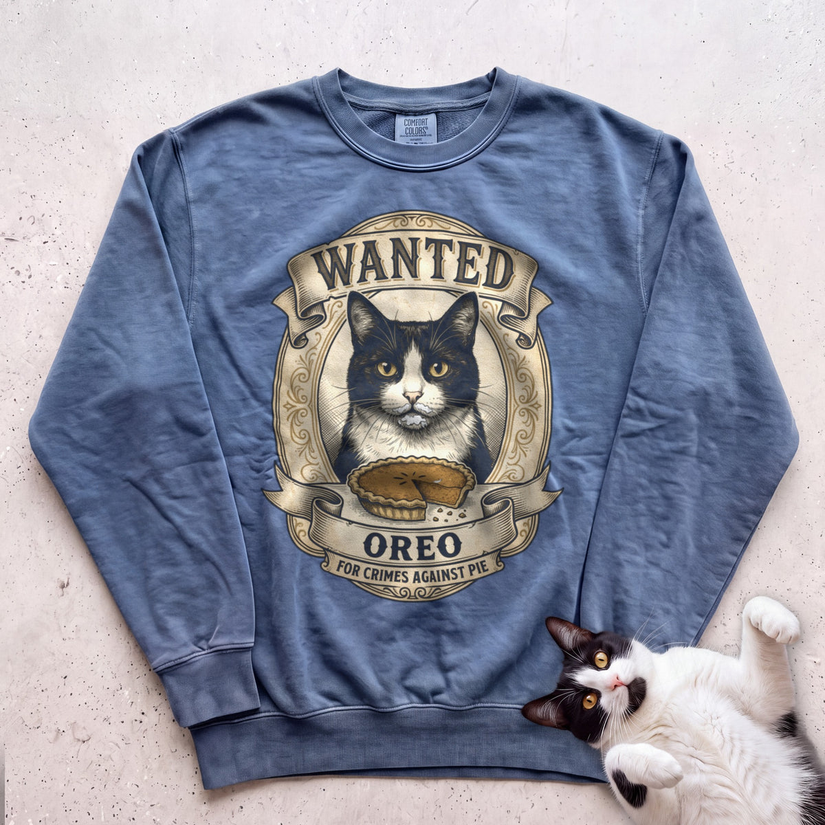 Personalized Wanted for Crimes Against Pie Cat Sweatshirt - Blue Jean