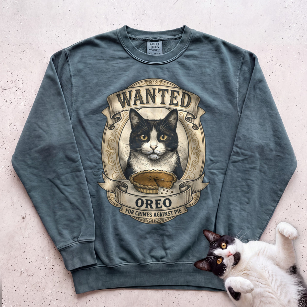 Personalized Wanted for Crimes Against Pie Cat Sweatshirt - Blue Spruce