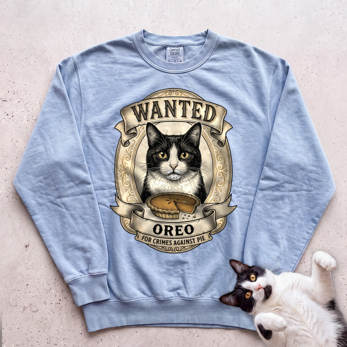 Personalized Wanted for Crimes Against Pie Cat Sweatshirt - Chambray