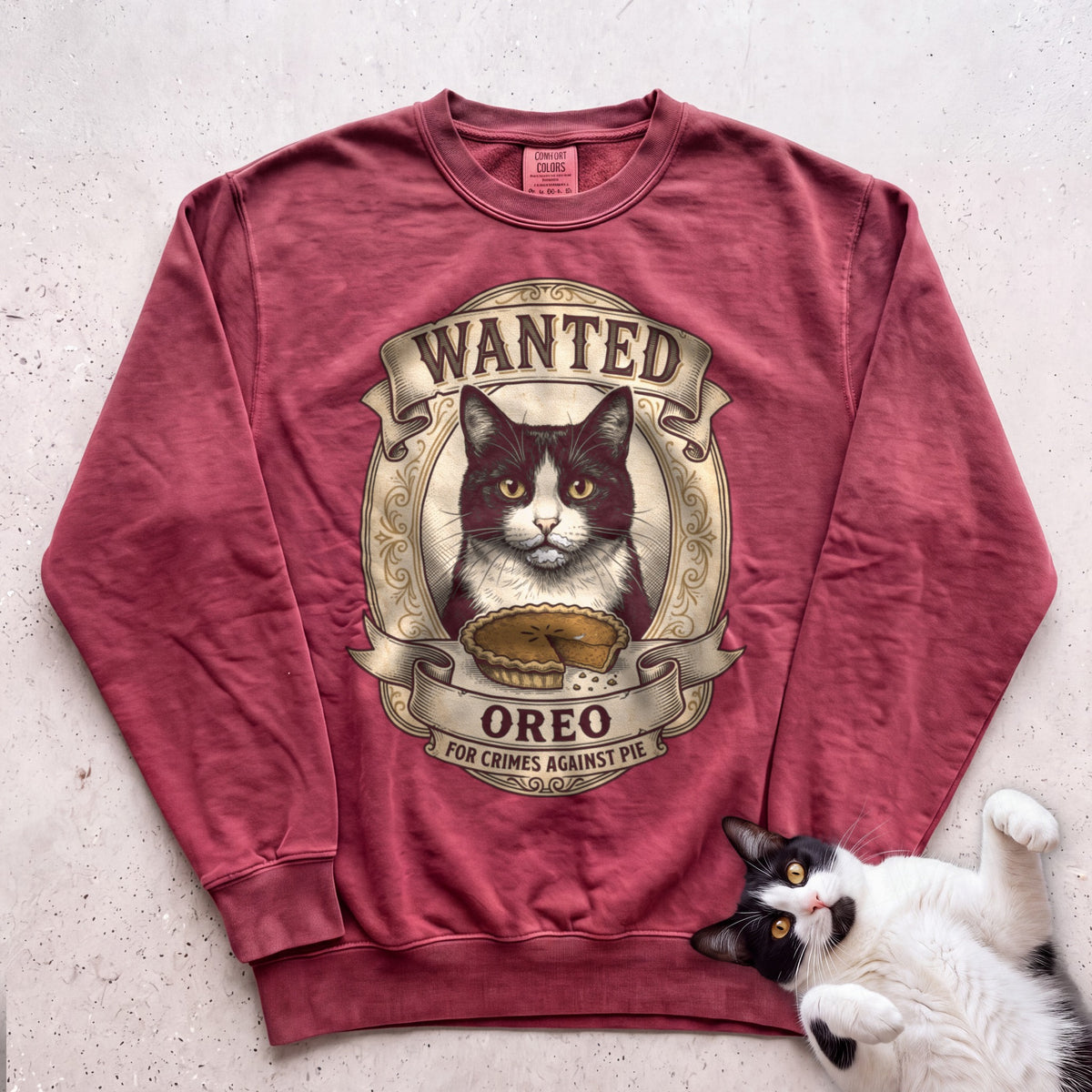 Personalized Wanted for Crimes Against Pie Cat Sweatshirt - Crimson