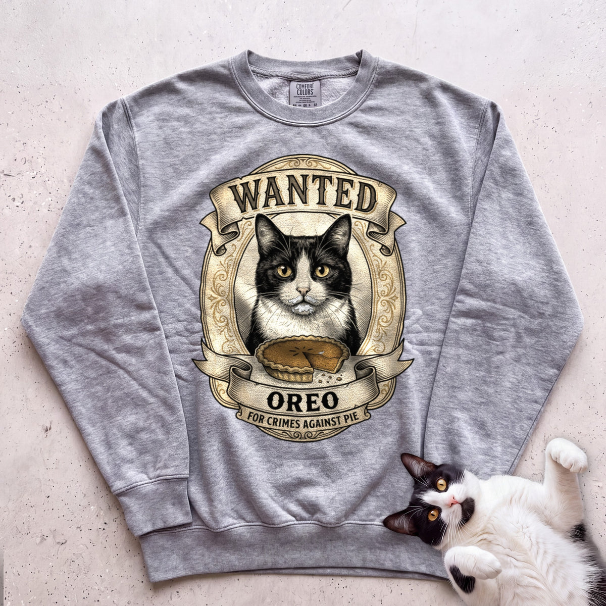 Personalized Wanted for Crimes Against Pie Cat Sweatshirt - Grey