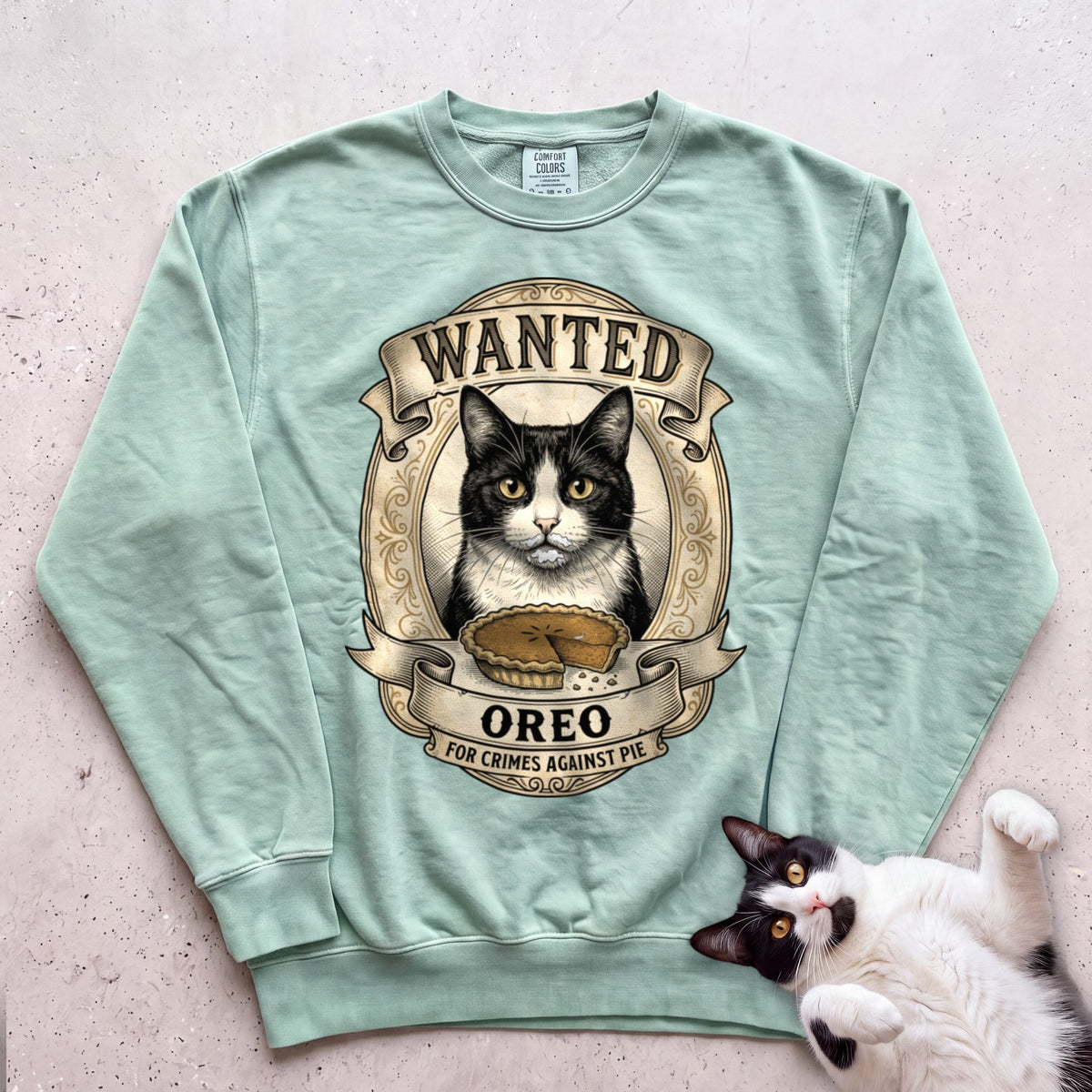 Personalized Wanted for Crimes Against Pie Cat Sweatshirt - Light Green